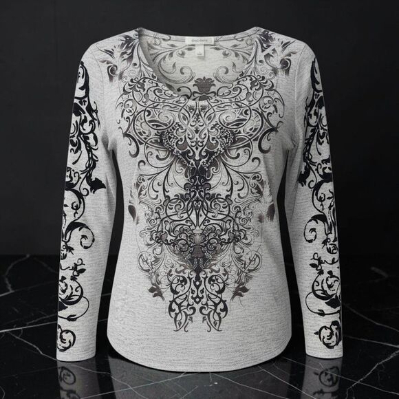 dressbarn Tops - Dressbarn Gothic Scroll Work T-Shirt Womens L Gray Black Tribal Fairy Grunge